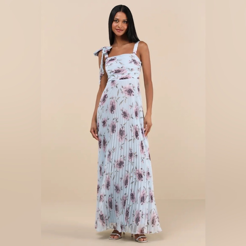 Lulus Gorgeous Purpose Blue Floral Pleated Sleeveless Bow Maxi Dress - Picture 2 of 8